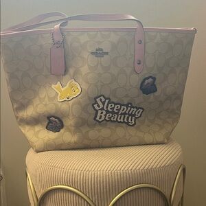 Coach Beige Tote with Pink Trim and Fun Patches